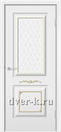 Остекленная эмалированная белая дверь Прима ДО с патиной золото